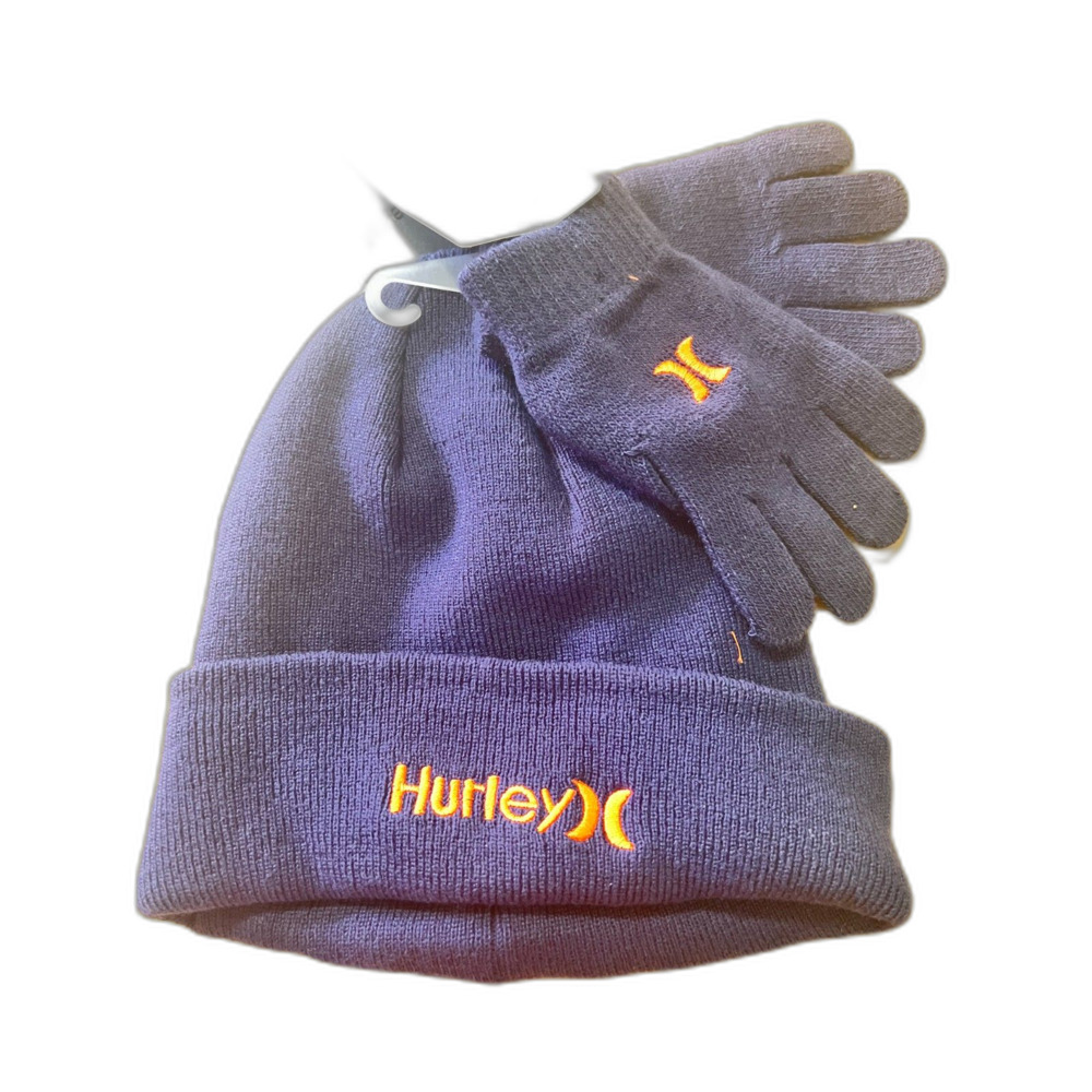 Hurley Beanie Hat & Gloves‎ Set Navy Blue Orange Logo Winter Cold Weather